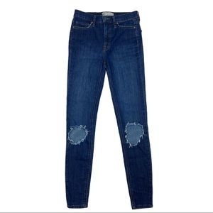 FREE PEOPLE Dark Wash Skinny Busted Knee Jeans